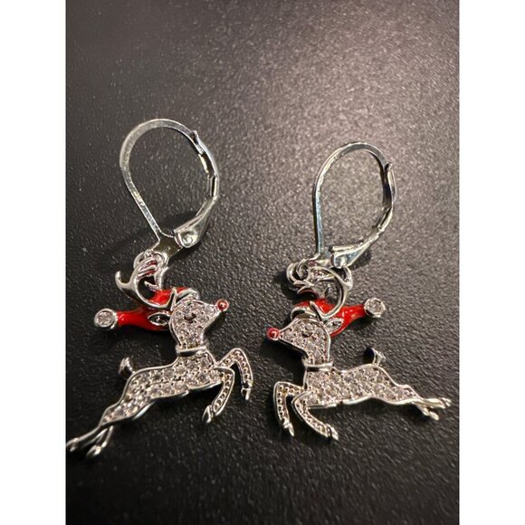 Rhinestone Reindeer Dangle Earrings Festive Leverback Holiday Jewelry - Picture 2 of 4